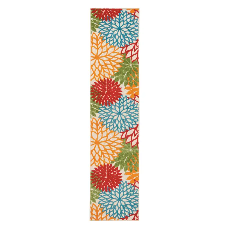 12' Ivory Green Blue Red And Orange Floral Indoor Outdoor Runner Rug