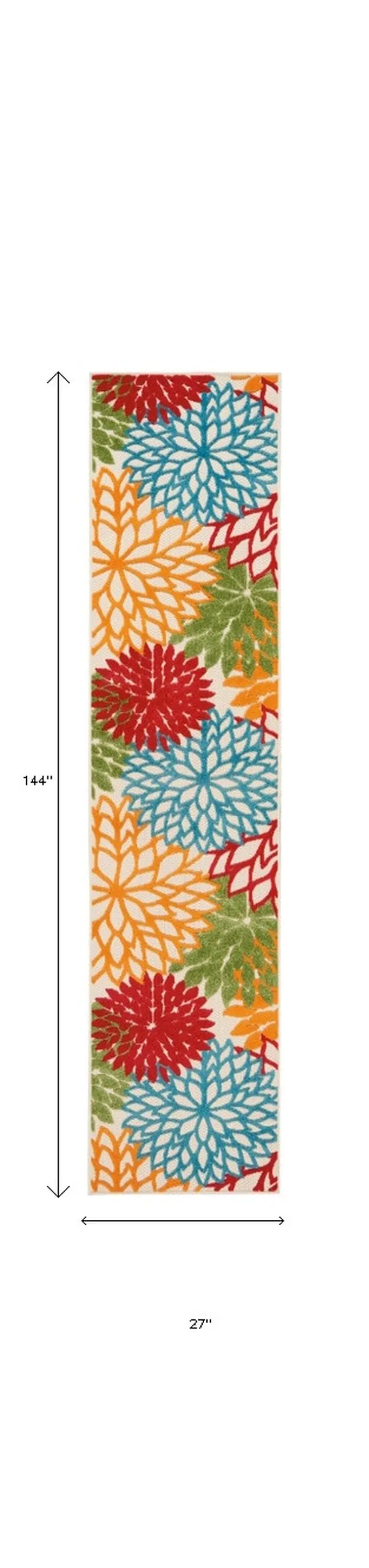 12' Ivory Green Blue Red And Orange Floral Indoor Outdoor Runner Rug