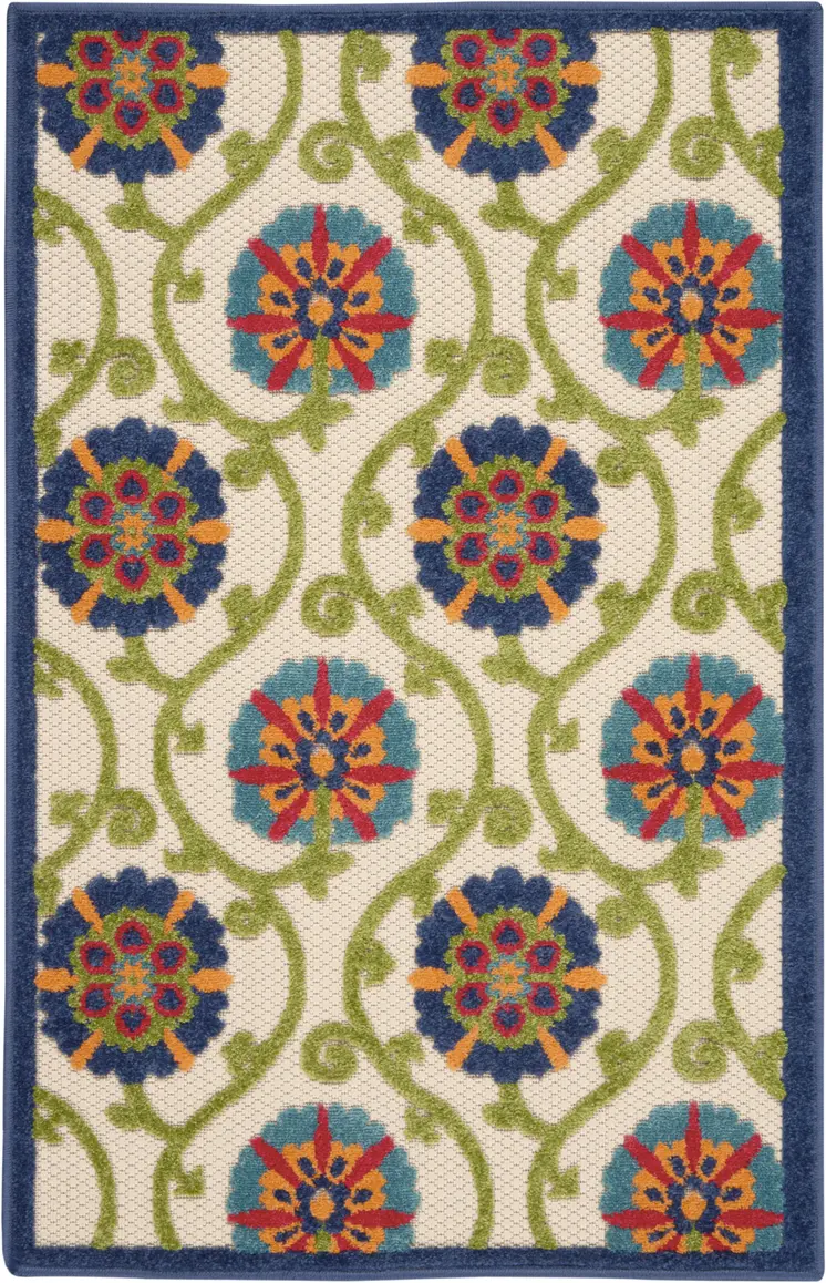 3' X 4' Navy Blue Beige Green Blue And Red Floral Indoor Outdoor Area Rug