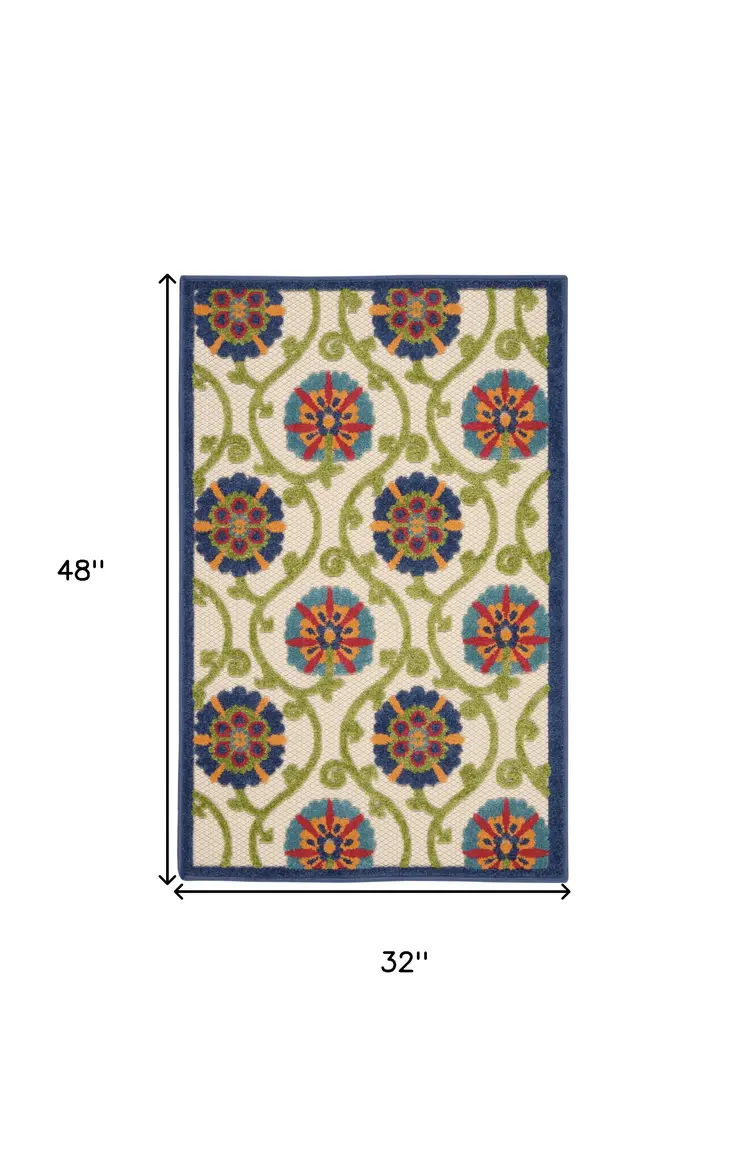 3' X 4' Navy Blue Beige Green Blue And Red Floral Indoor Outdoor Area Rug