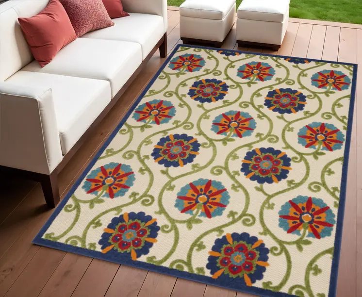 4' X 6' Navy Blue Beige Green Blue And Red Floral Indoor Outdoor Area Rug