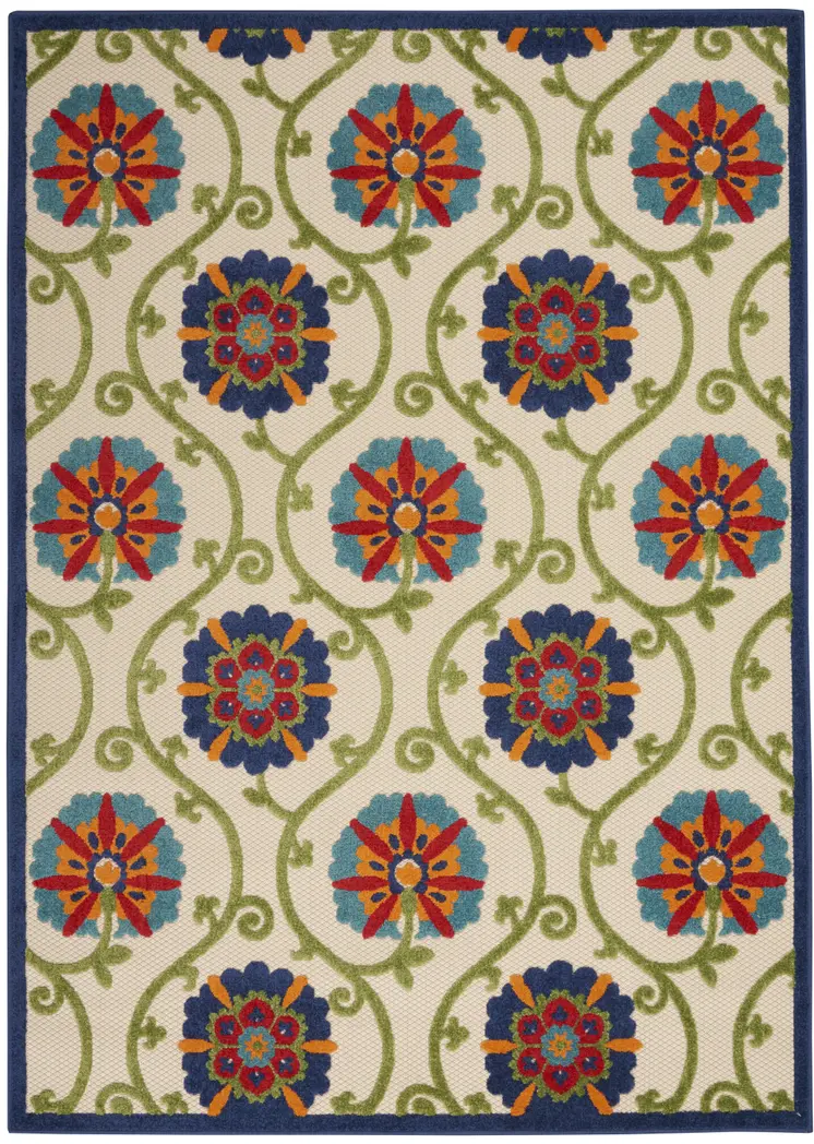 4' X 6' Navy Blue Beige Green Blue And Red Floral Indoor Outdoor Area Rug