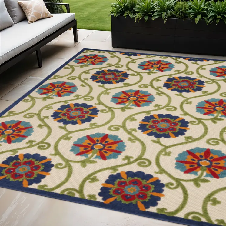 5' X 8' Navy Blue Beige Green Blue And Red Floral Indoor Outdoor Area Rug