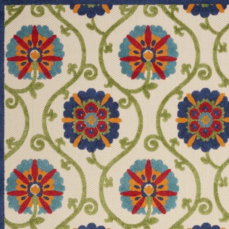 8' X 11' Navy Blue Beige Green Blue And Red Floral Indoor Outdoor Area Rug