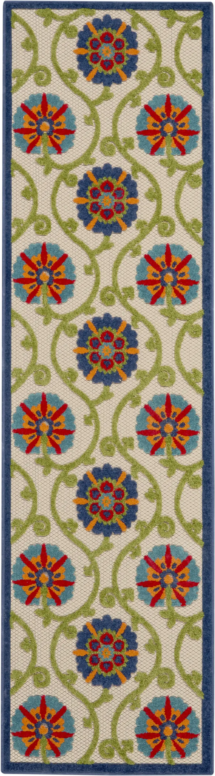 6' Navy Blue Beige Green Blue And Red Floral Indoor Outdoor Runner Rug