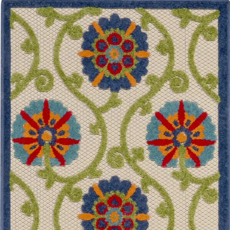 6' Navy Blue Beige Green Blue And Red Floral Indoor Outdoor Runner Rug