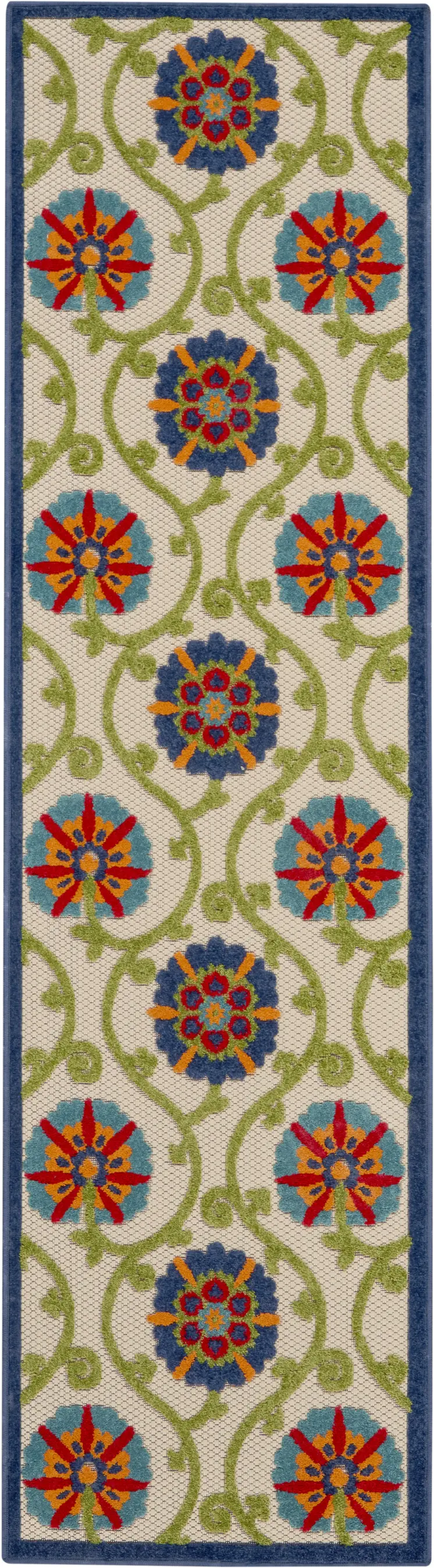 6' Navy Blue Beige Green Blue And Red Floral Indoor Outdoor Runner Rug