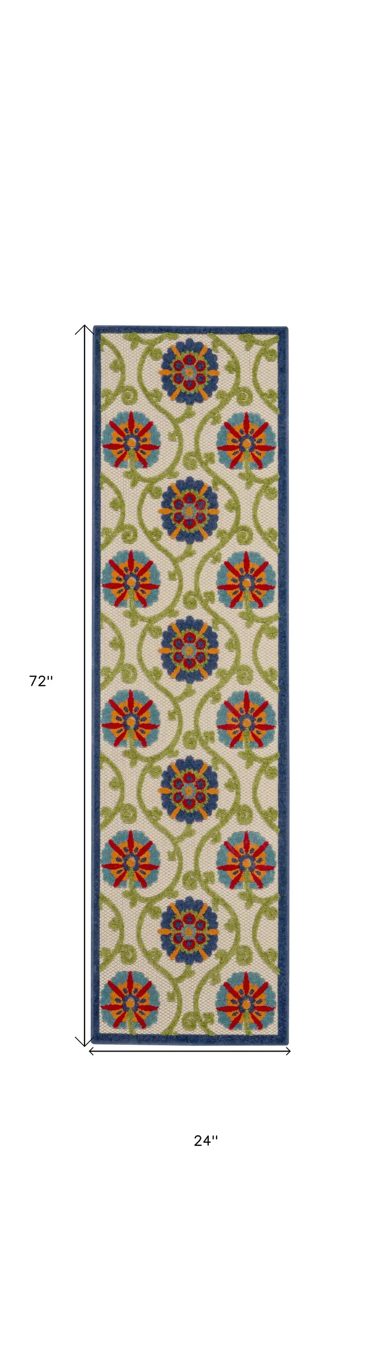 6' Navy Blue Beige Green Blue And Red Floral Indoor Outdoor Runner Rug