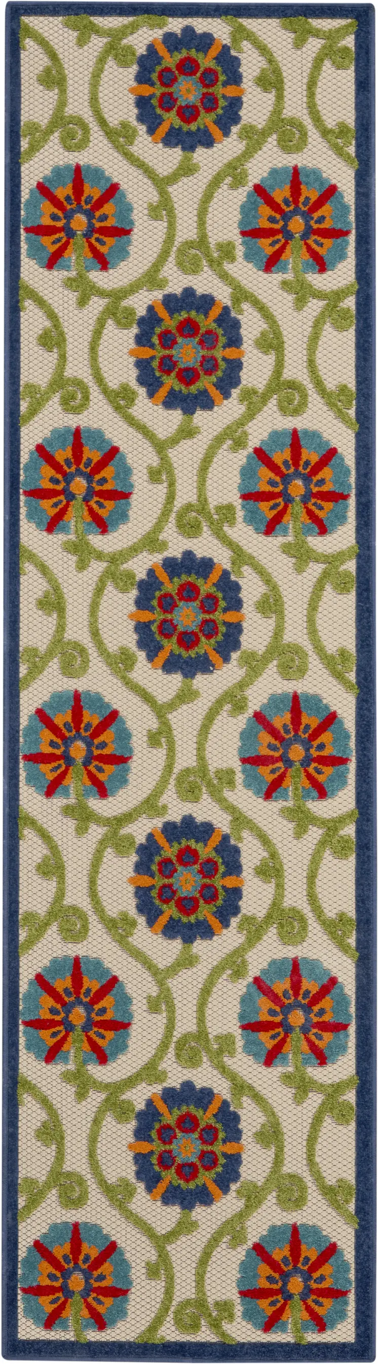 8' Navy Blue Beige Green Blue And Red Floral Indoor Outdoor Runner Rug