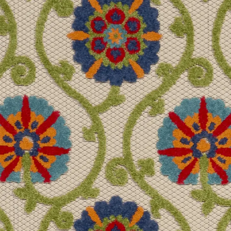 8' Navy Blue Beige Green Blue And Red Floral Indoor Outdoor Runner Rug