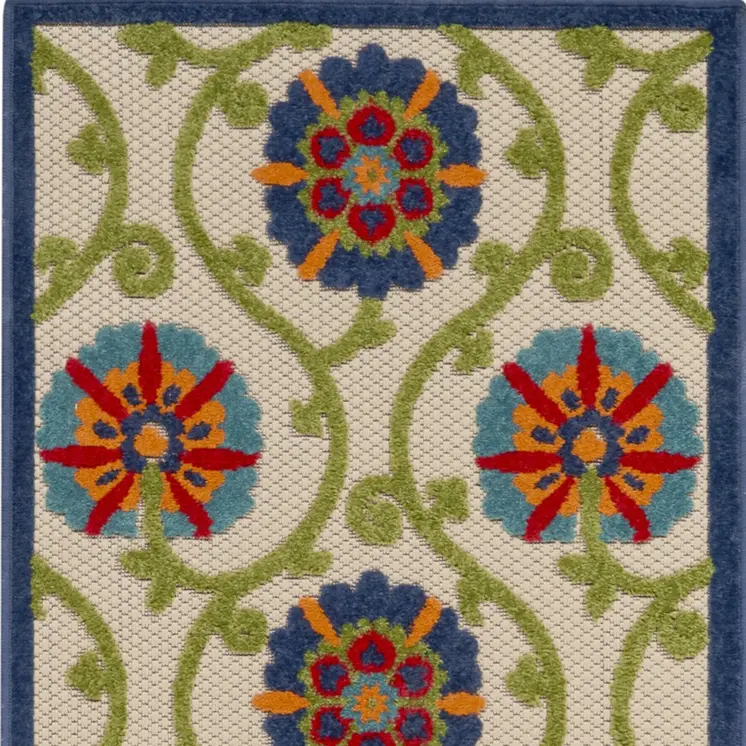 10' Navy Blue Beige Green Blue And Red Floral Indoor Outdoor Runner Rug