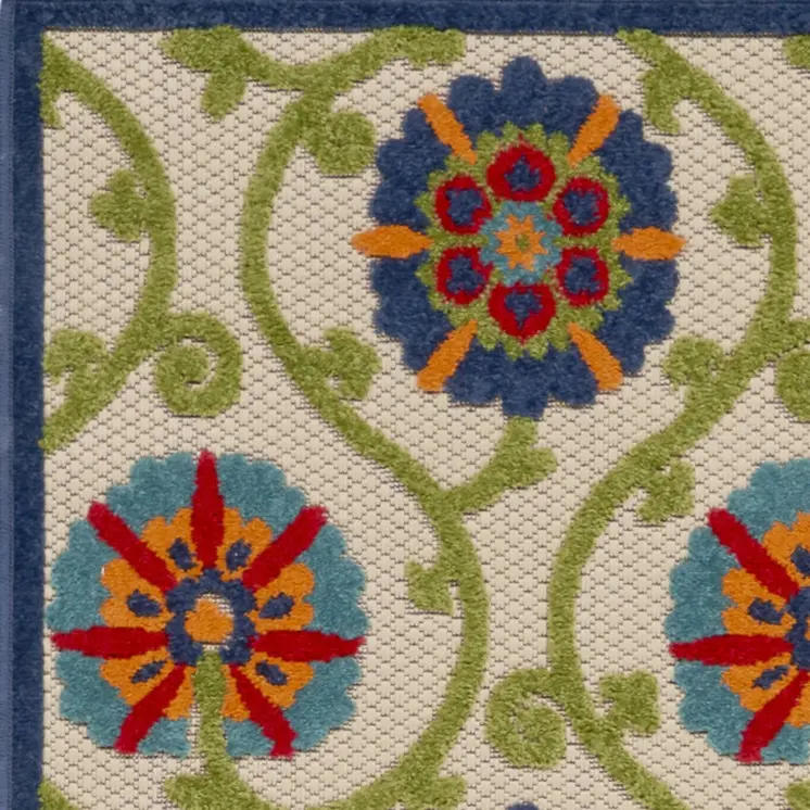 10' Navy Blue Beige Green Blue And Red Floral Indoor Outdoor Runner Rug