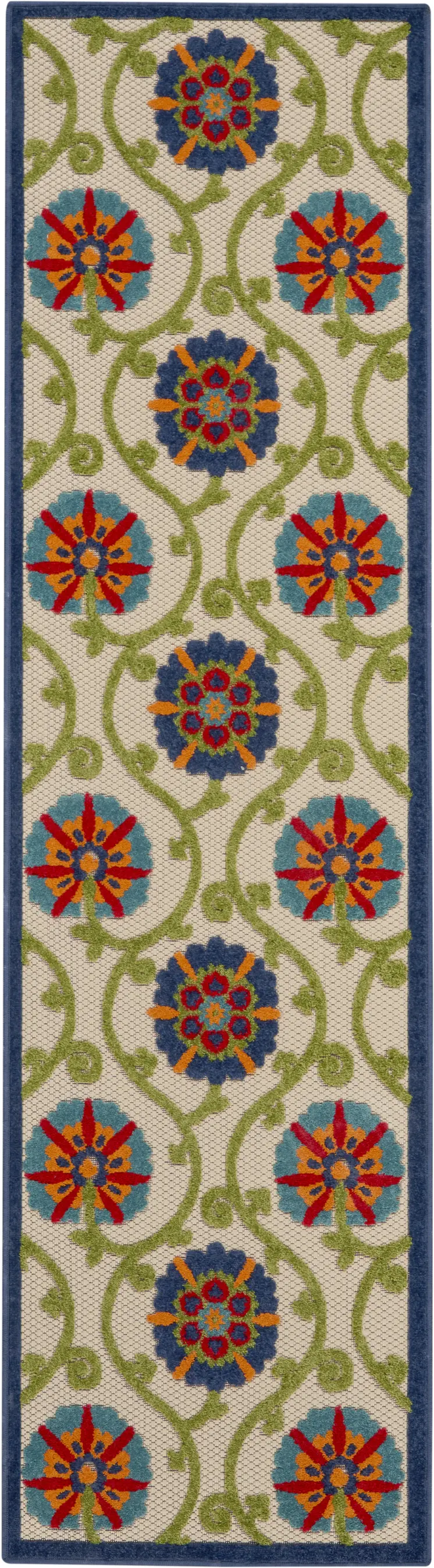 10' Navy Blue Beige Green Blue And Red Floral Indoor Outdoor Runner Rug