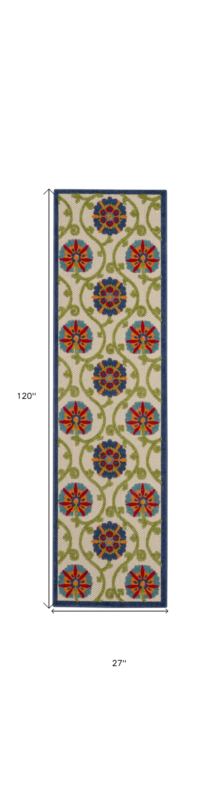 10' Navy Blue Beige Green Blue And Red Floral Indoor Outdoor Runner Rug