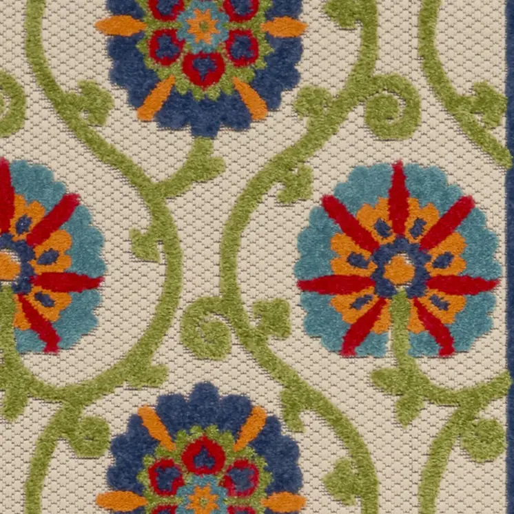 10' Navy Blue Beige Green Blue And Red Floral Indoor Outdoor Runner Rug