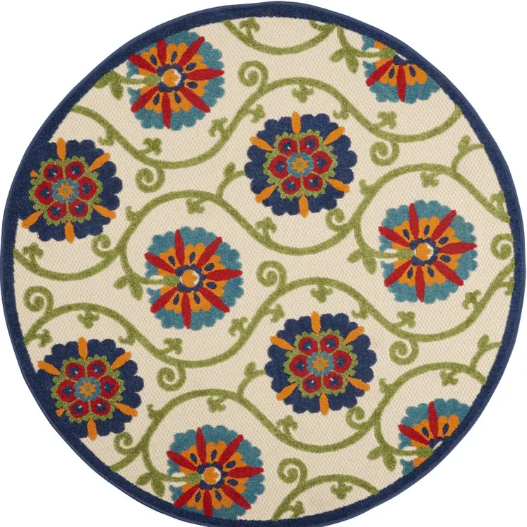4' Navy Blue Beige Green Blue And Red Round Floral Indoor Outdoor Area Rug