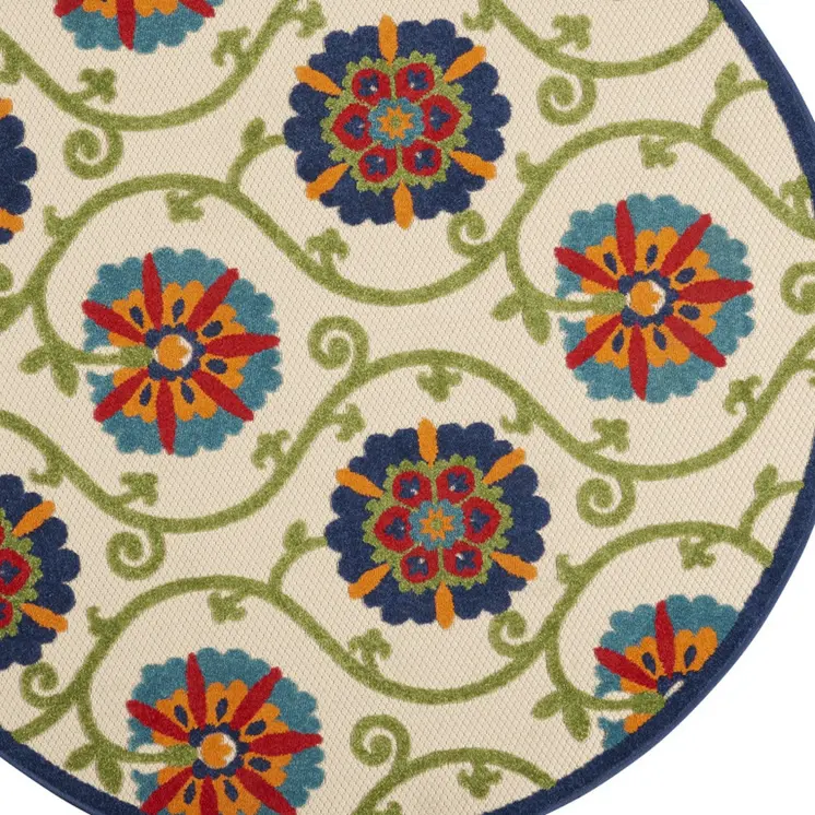 4' Navy Blue Beige Green Blue And Red Round Floral Indoor Outdoor Area Rug
