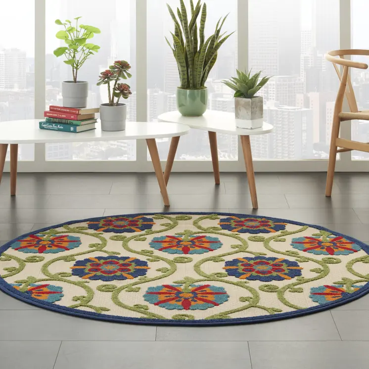 4' Navy Blue Beige Green Blue And Red Round Floral Indoor Outdoor Area Rug