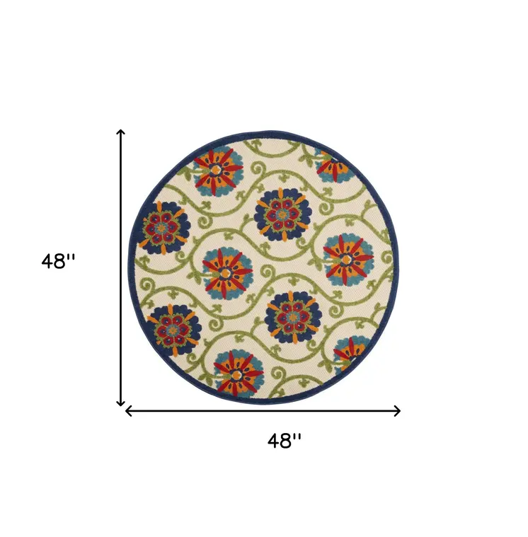 4' Navy Blue Beige Green Blue And Red Round Floral Indoor Outdoor Area Rug