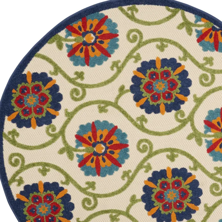 4' Navy Blue Beige Green Blue And Red Round Floral Indoor Outdoor Area Rug