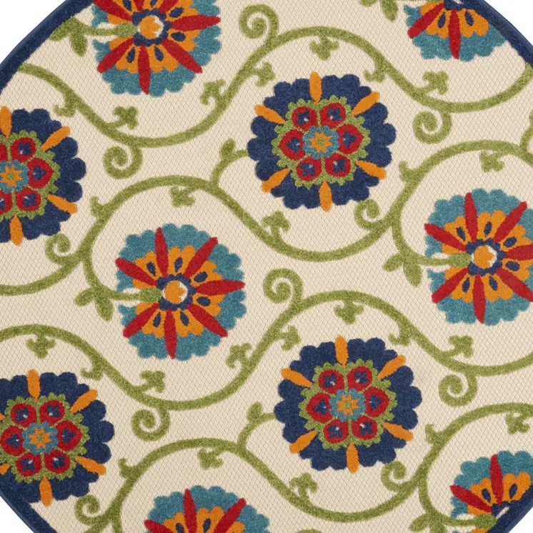 5' Navy Blue Beige Green Blue And Red Round Floral Indoor Outdoor Area Rug