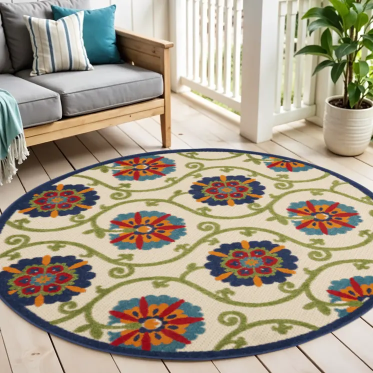 5' Navy Blue Beige Green Blue And Red Round Floral Indoor Outdoor Area Rug