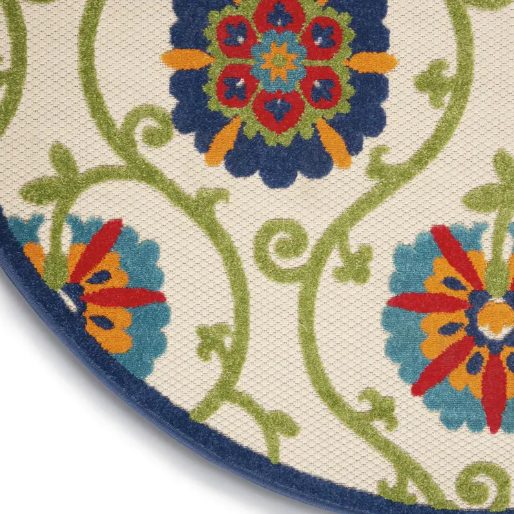 5' Navy Blue Beige Green Blue And Red Round Floral Indoor Outdoor Area Rug