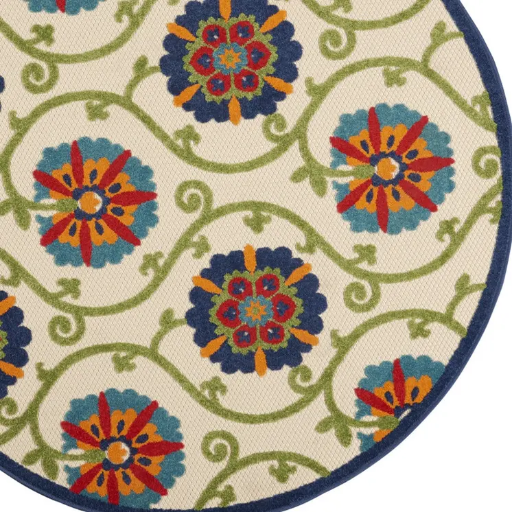5' Navy Blue Beige Green Blue And Red Round Floral Indoor Outdoor Area Rug
