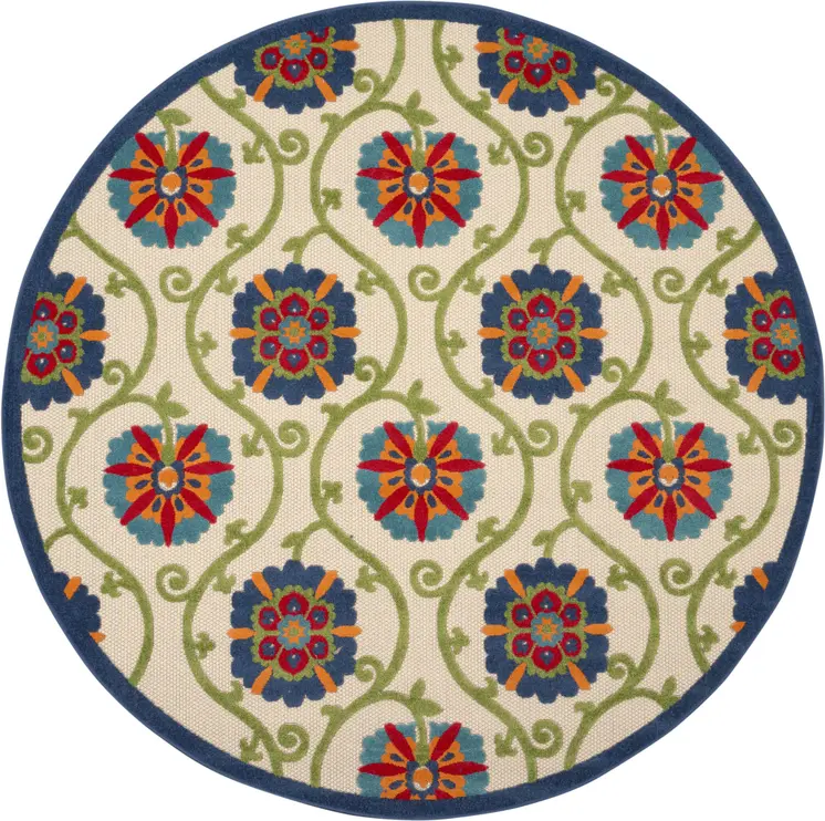 8' Navy Blue Beige Green Blue And Red Round Floral Indoor Outdoor Area Rug