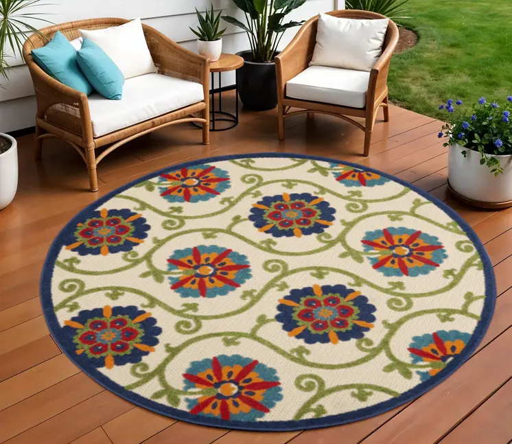 8' Navy Blue Beige Green Blue And Red Round Floral Indoor Outdoor Area Rug