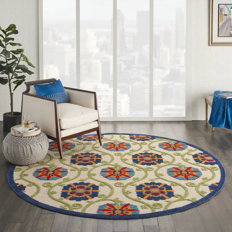 8' Navy Blue Beige Green Blue And Red Round Floral Indoor Outdoor Area Rug