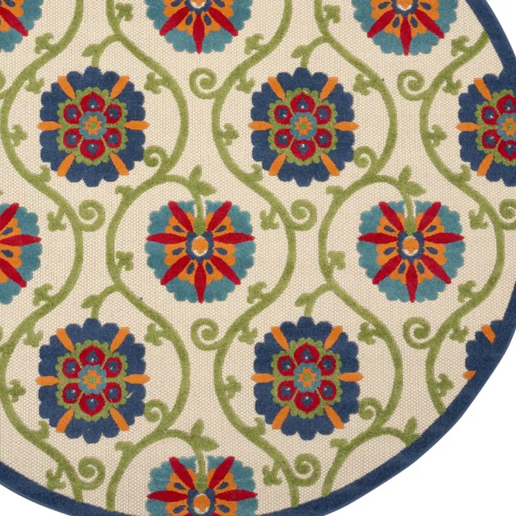 8' Navy Blue Beige Green Blue And Red Round Floral Indoor Outdoor Area Rug