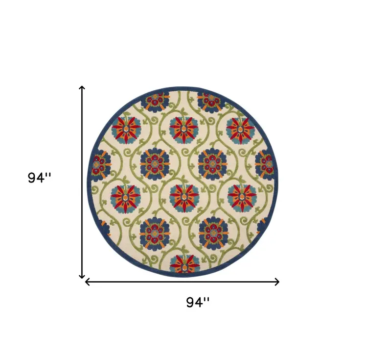 8' Navy Blue Beige Green Blue And Red Round Floral Indoor Outdoor Area Rug