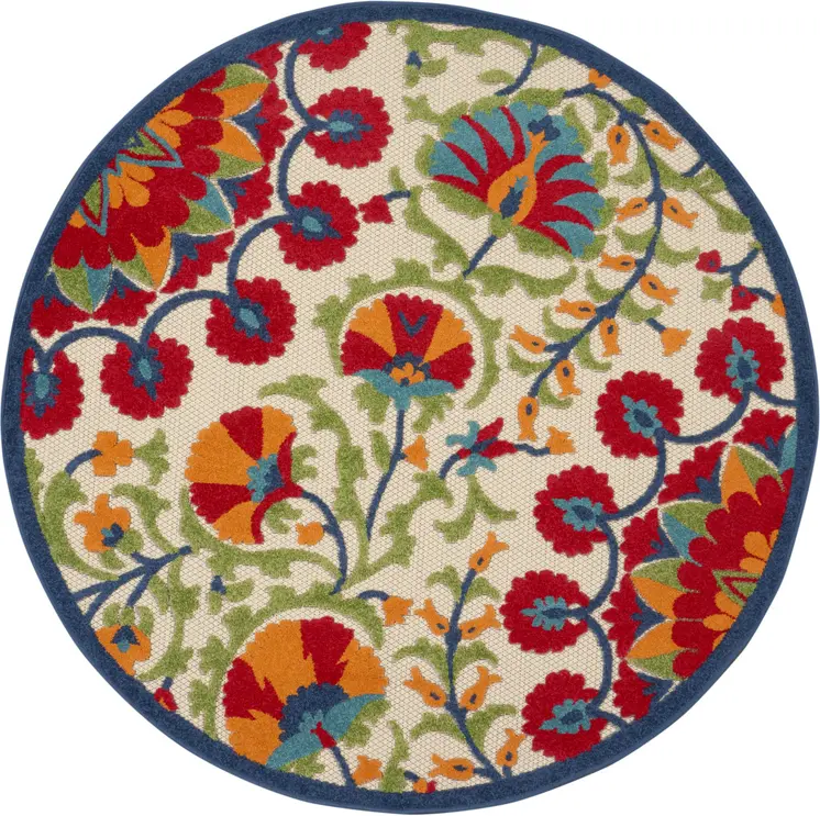 5' Navy Blue Beige Green Blue And Red Round Floral Indoor Outdoor Area Rug