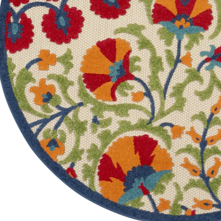 5' Navy Blue Beige Green Blue And Red Round Floral Indoor Outdoor Area Rug