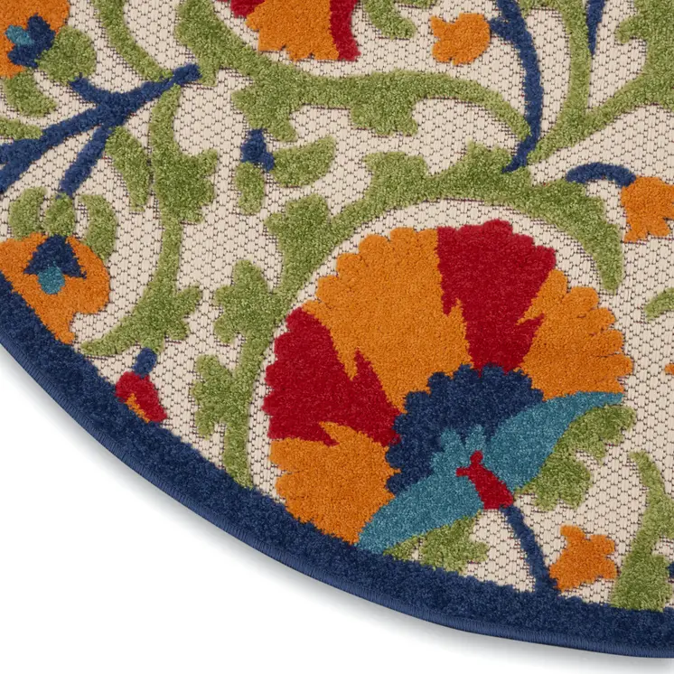 5' Navy Blue Beige Green Blue And Red Round Floral Indoor Outdoor Area Rug