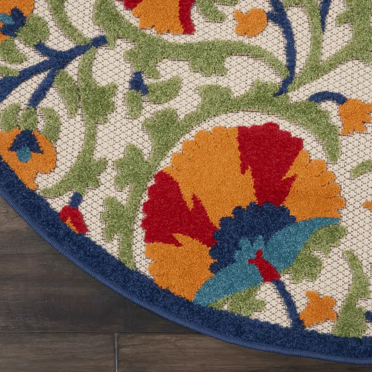 5' Navy Blue Beige Green Blue And Red Round Floral Indoor Outdoor Area Rug