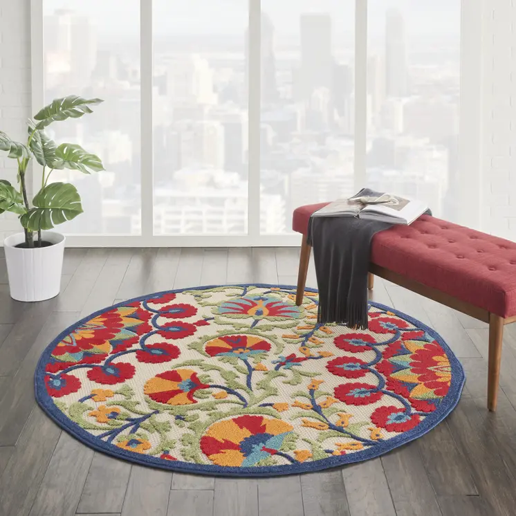 5' Navy Blue Beige Green Blue And Red Round Floral Indoor Outdoor Area Rug