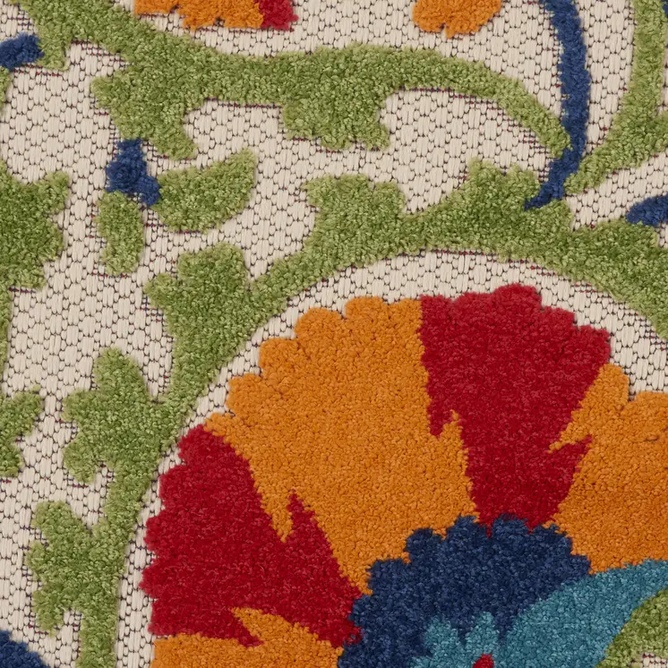 5' Navy Blue Beige Green Blue And Red Round Floral Indoor Outdoor Area Rug