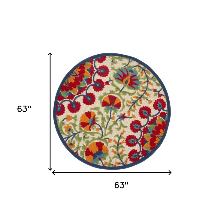 5' Navy Blue Beige Green Blue And Red Round Floral Indoor Outdoor Area Rug