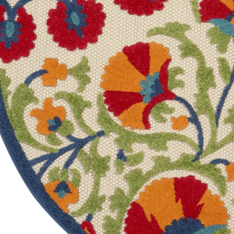 5' Navy Blue Beige Green Blue And Red Round Floral Indoor Outdoor Area Rug