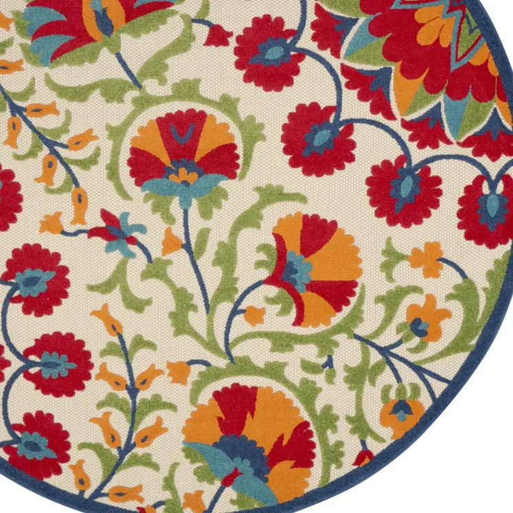 8' Navy Blue Beige Green Blue And Red Round Floral Indoor Outdoor Area Rug