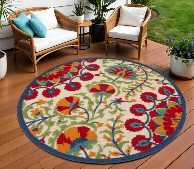 8' Navy Blue Beige Green Blue And Red Round Floral Indoor Outdoor Area Rug