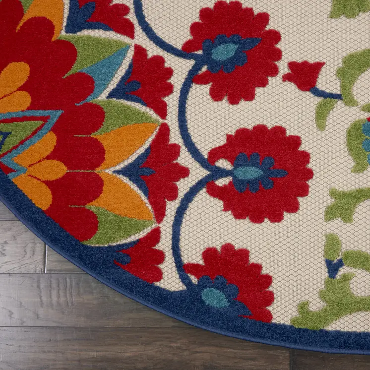 8' Navy Blue Beige Green Blue And Red Round Floral Indoor Outdoor Area Rug