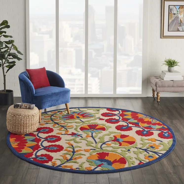 8' Navy Blue Beige Green Blue And Red Round Floral Indoor Outdoor Area Rug