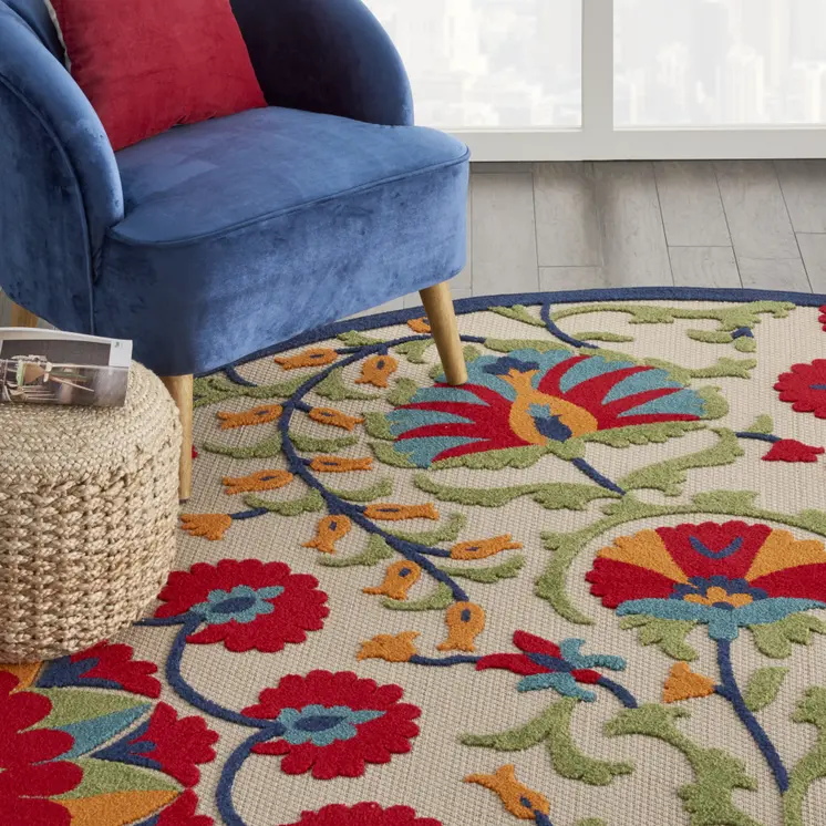 8' Navy Blue Beige Green Blue And Red Round Floral Indoor Outdoor Area Rug