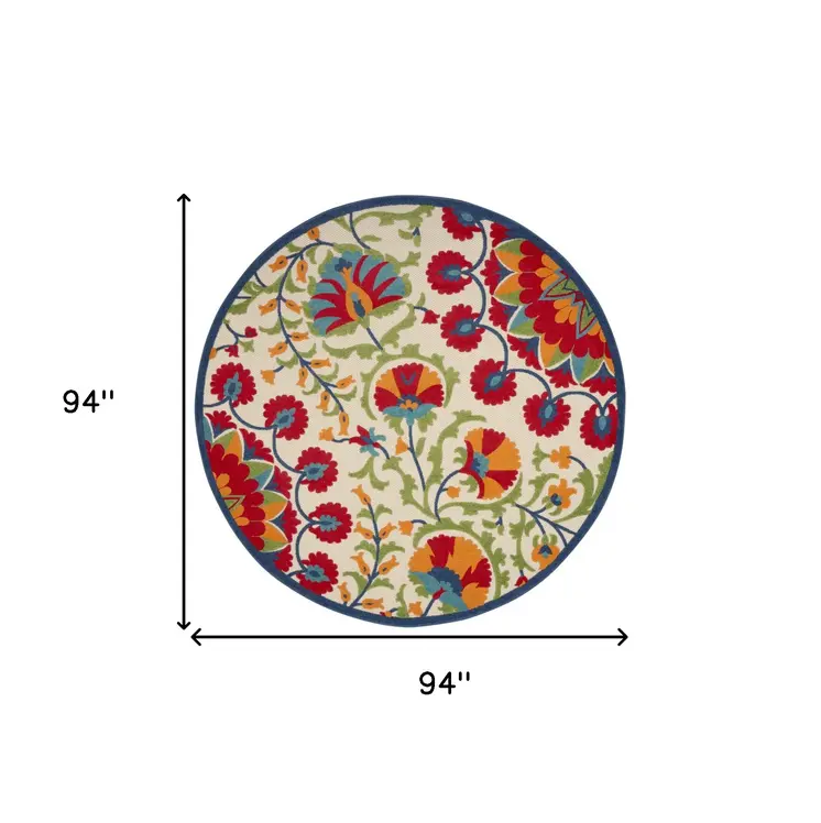 8' Navy Blue Beige Green Blue And Red Round Floral Indoor Outdoor Area Rug