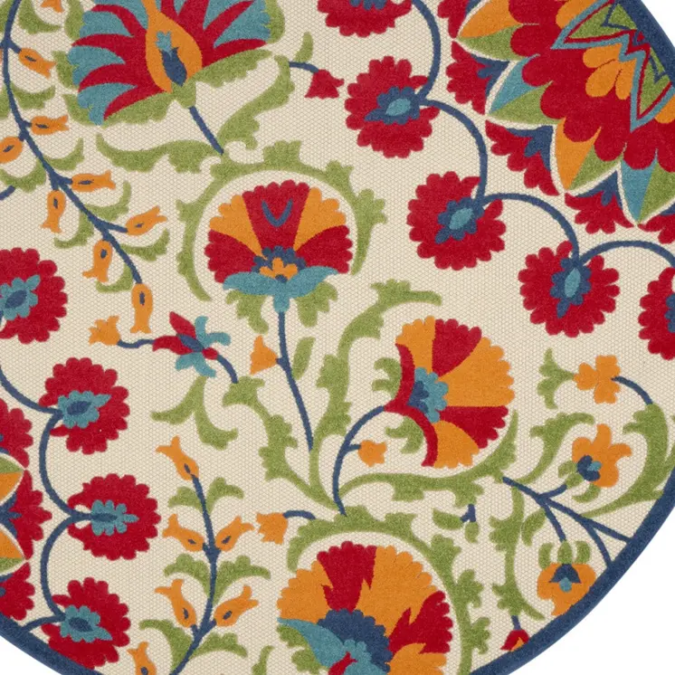 8' Navy Blue Beige Green Blue And Red Round Floral Indoor Outdoor Area Rug