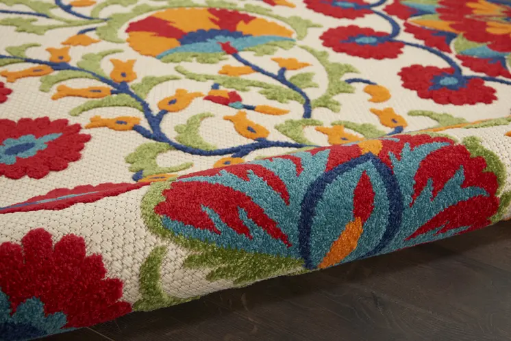 8' X 11' Navy Blue Beige Green Blue And Red Floral Indoor Outdoor Area Rug