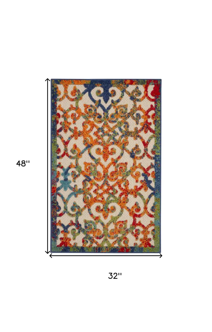 3' X 4' Navy Blue Beige Green Orange And Red Trellis Indoor Outdoor Area Rug
